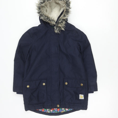 Girls Blue Parka Coat with Faux Fur Hood, Size 7-8 Years