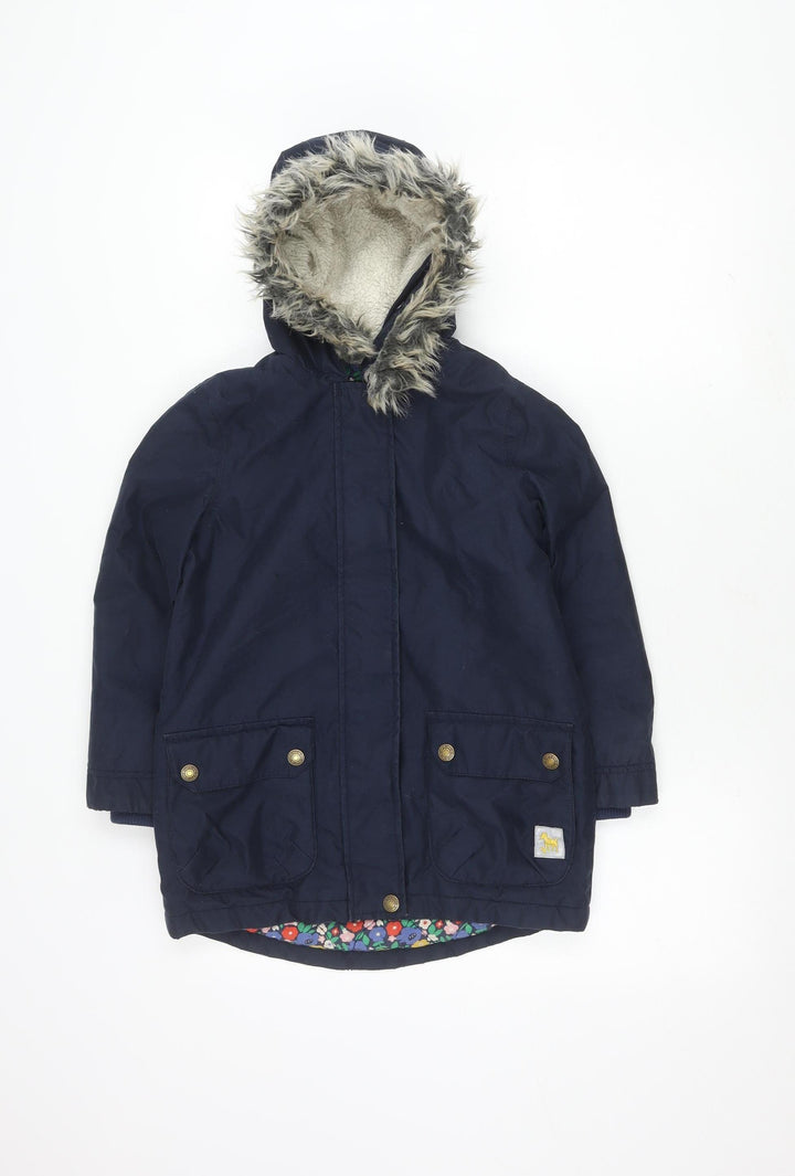 Girls Blue Parka Coat with Faux Fur Hood, Size 7-8 Years