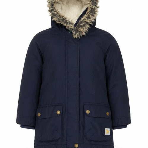 Girls Blue Parka Coat with Faux Fur Hood, Size 7-8 Years