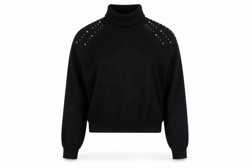 Front view of Zara Women's Black Roll Neck Studded jumper, size M