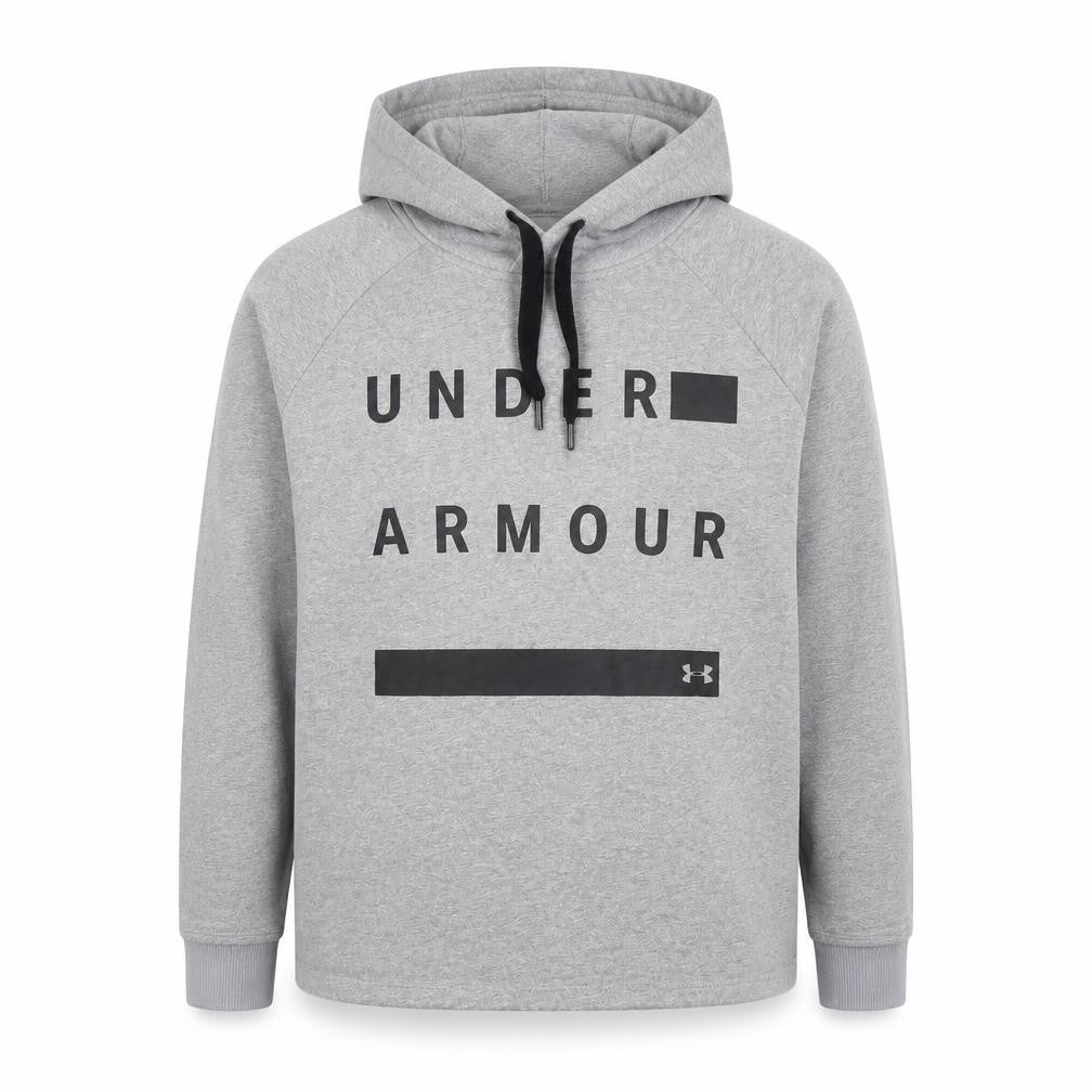 Front view of Under Armour Men's Grey Pullover Hoodie, size S, Sports Style