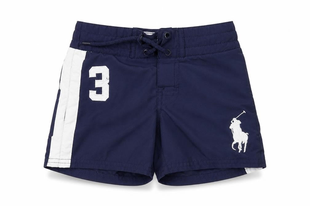 Front view of Polo Ralph Lauren boys’ blue swim trunks, 24 months