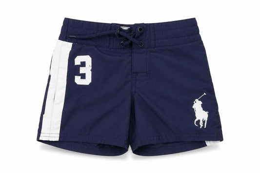 Front view of Polo Ralph Lauren boys’ blue swim trunks, 24 months