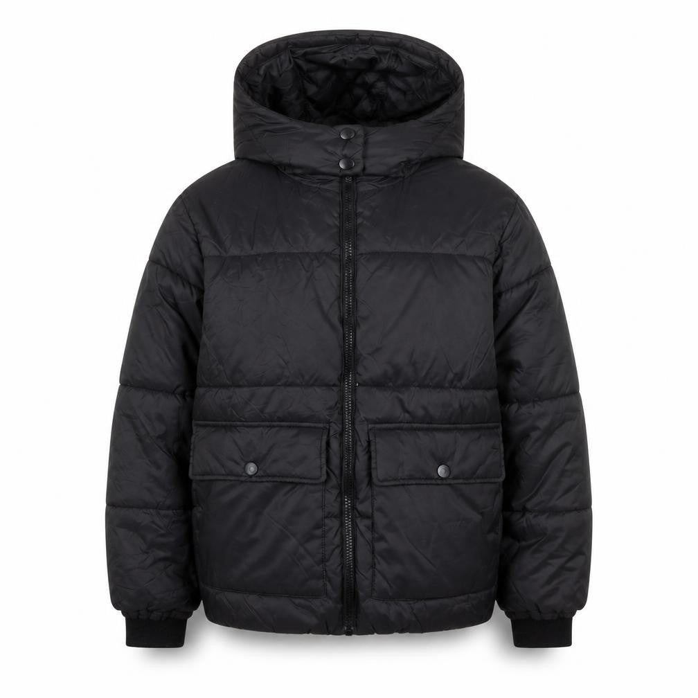 Front view of New Look boys’ black nylon puffer jacket, size 9, years