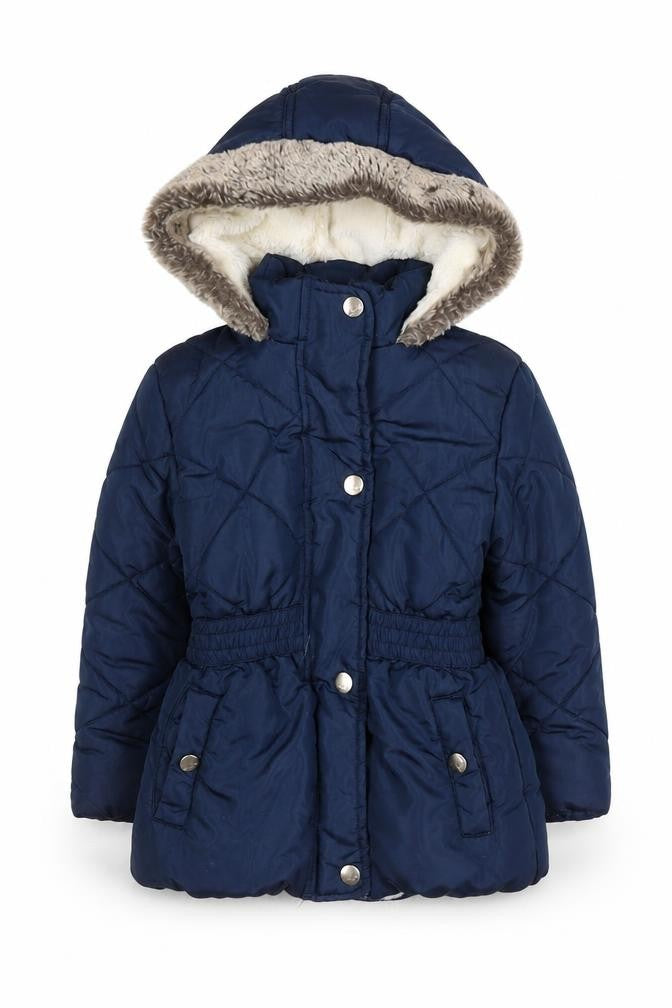 Front view of Junior J girls’ blue hooded puffer jacket 2-3 years