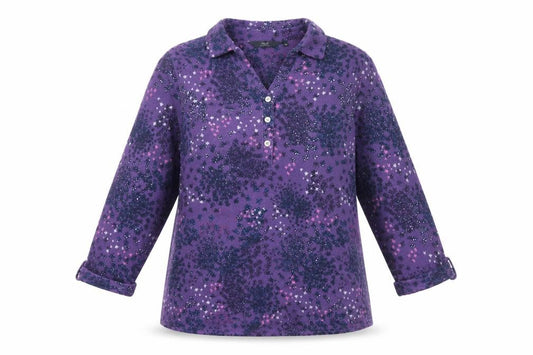 Front view of Isle Essentials Women's Purple Floral Blouse, size 12