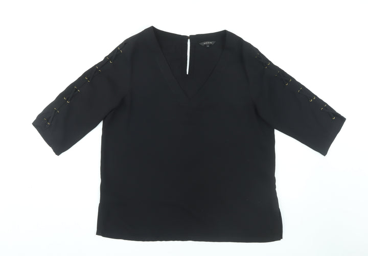 River Island Women's Black 3/4 Sleeve V-Neck Blouse