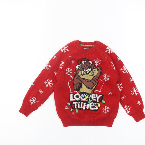 Looney Tunes Boys Red 2-3 Years Taz Pullover Christmas Jumper