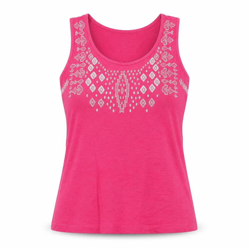 Front view of Isle Women's Pink Embroidered Sleeveless Tank Top S