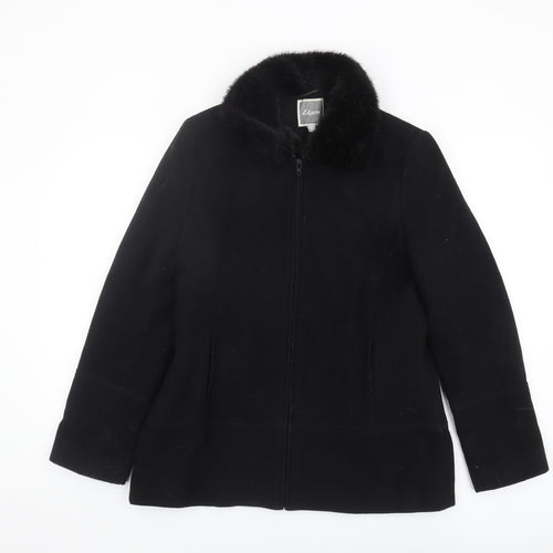 Etam Women's Black Wool Coat, Size 12, Fur Collar