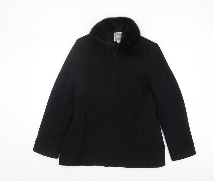 Etam Women's Black Wool Coat, Size 12, Fur Collar
