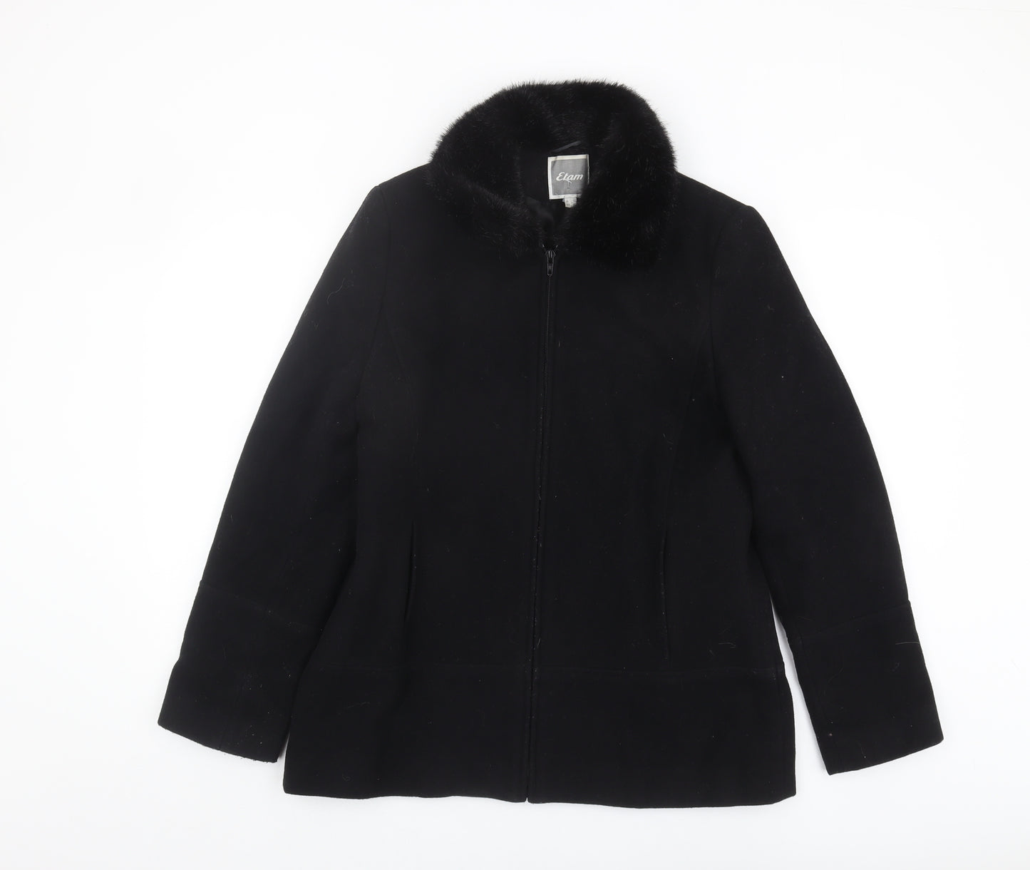 Etam Women's Black Wool Coat, Size 12, Fur Collar