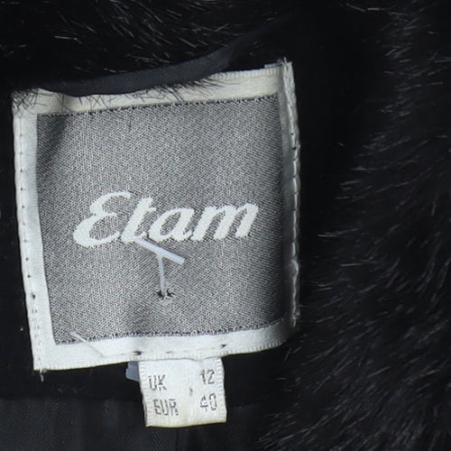 Etam Women's Black Wool Coat, Size 12, Fur Collar