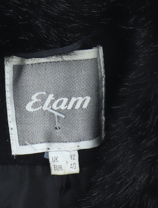 Etam Women's Black Wool Coat, Size 12, Fur Collar