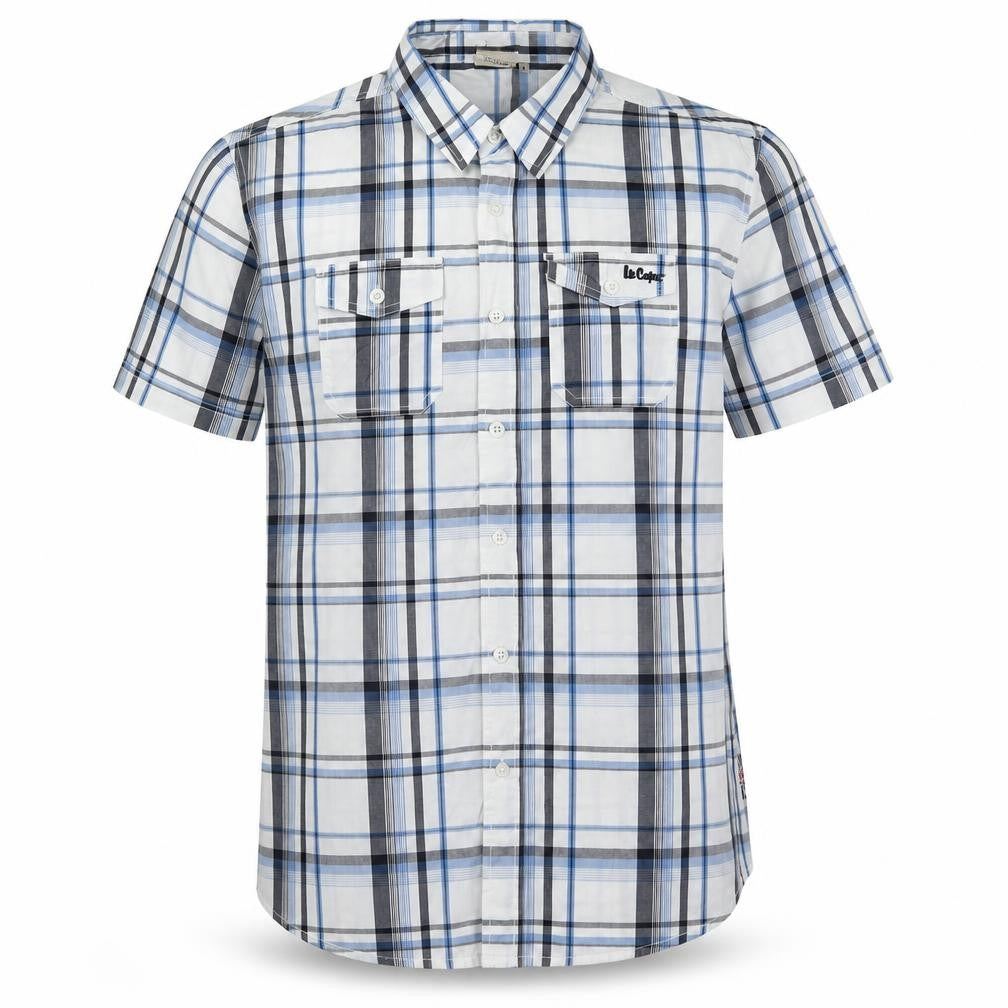 Front view of Lee Cooper Men's Blue XL Plaid Button-Up Shirt