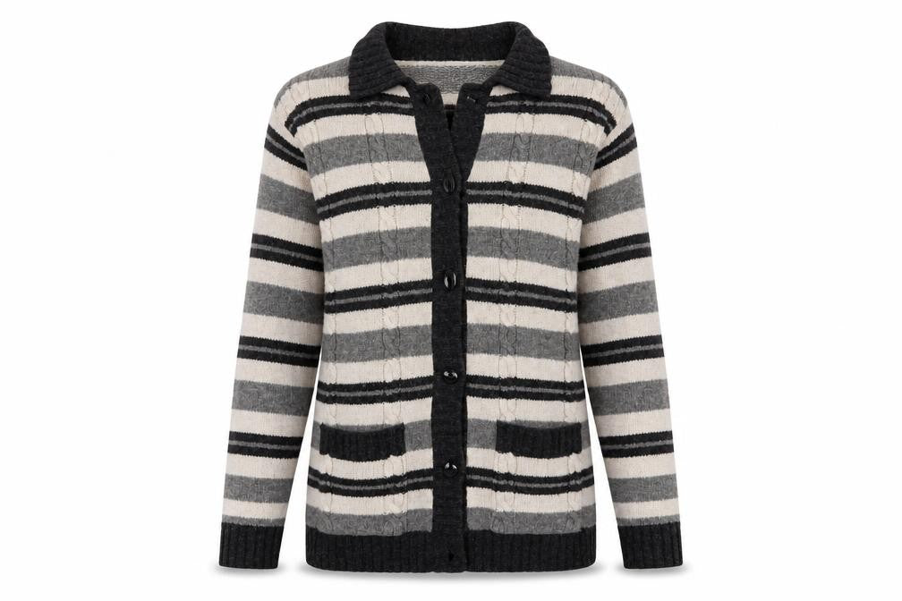 Front view of Tulchan Women's Grey Striped Wool Cardigan S