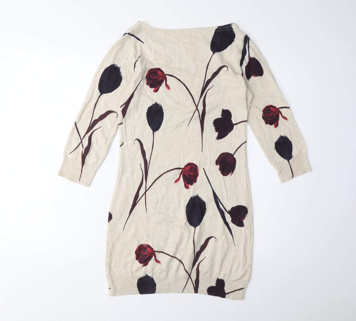Next Women Beige Floral Knit Dress, Size 6, Boat Neck