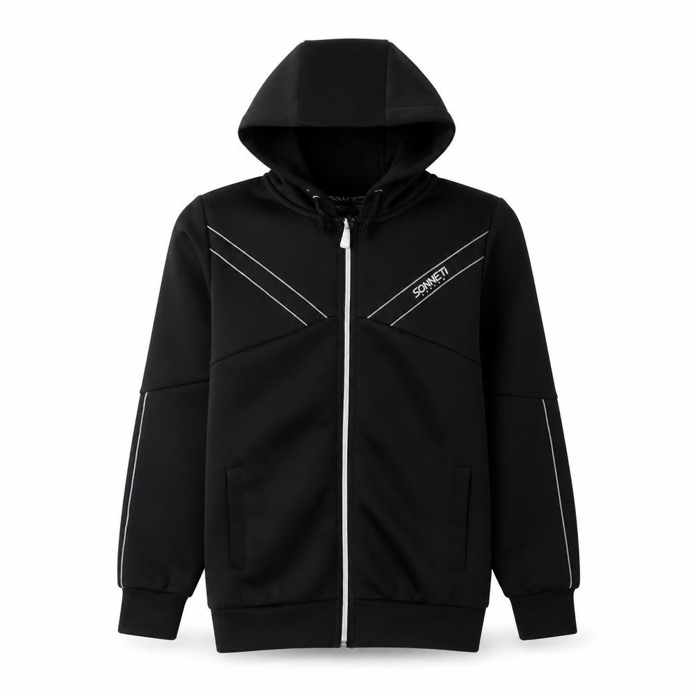 Front view of Sonneti boys’ black m full zip hoodie
