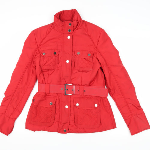 Zara Basic Red Women's Biker Jacket M Quilted Belted