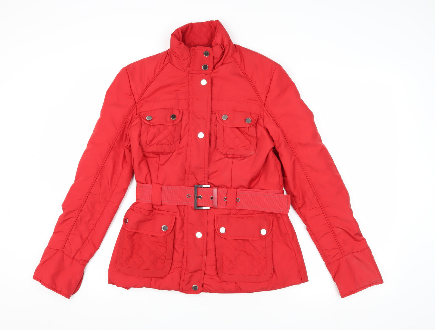 Zara Basic Red Women's Biker Jacket M Quilted Belted