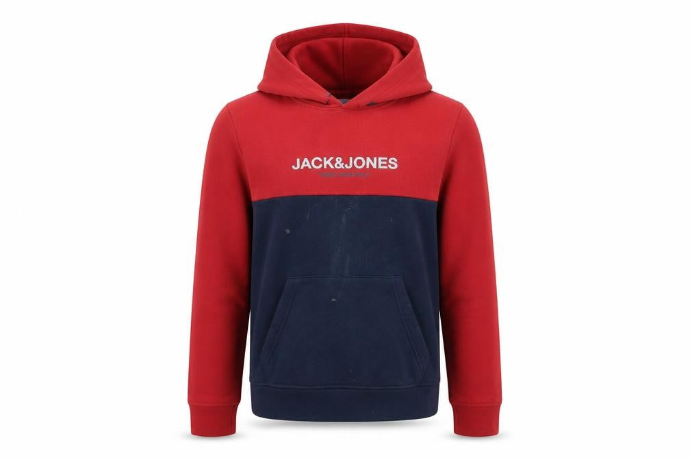 Front view of Jack & Jones boys’ red blue pullover hoodie, size 164