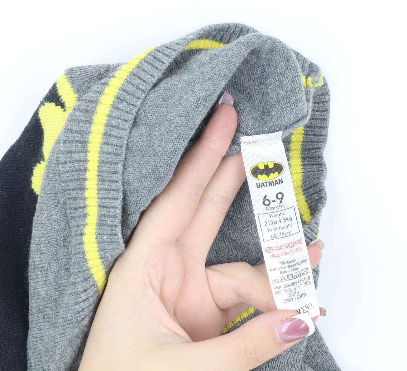 Batman Boys Grey 6-9M Superhero Jumper with Button Closure