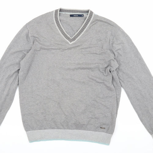 Melka Men's Grey V-Neck Stripe Pullover Jumper M