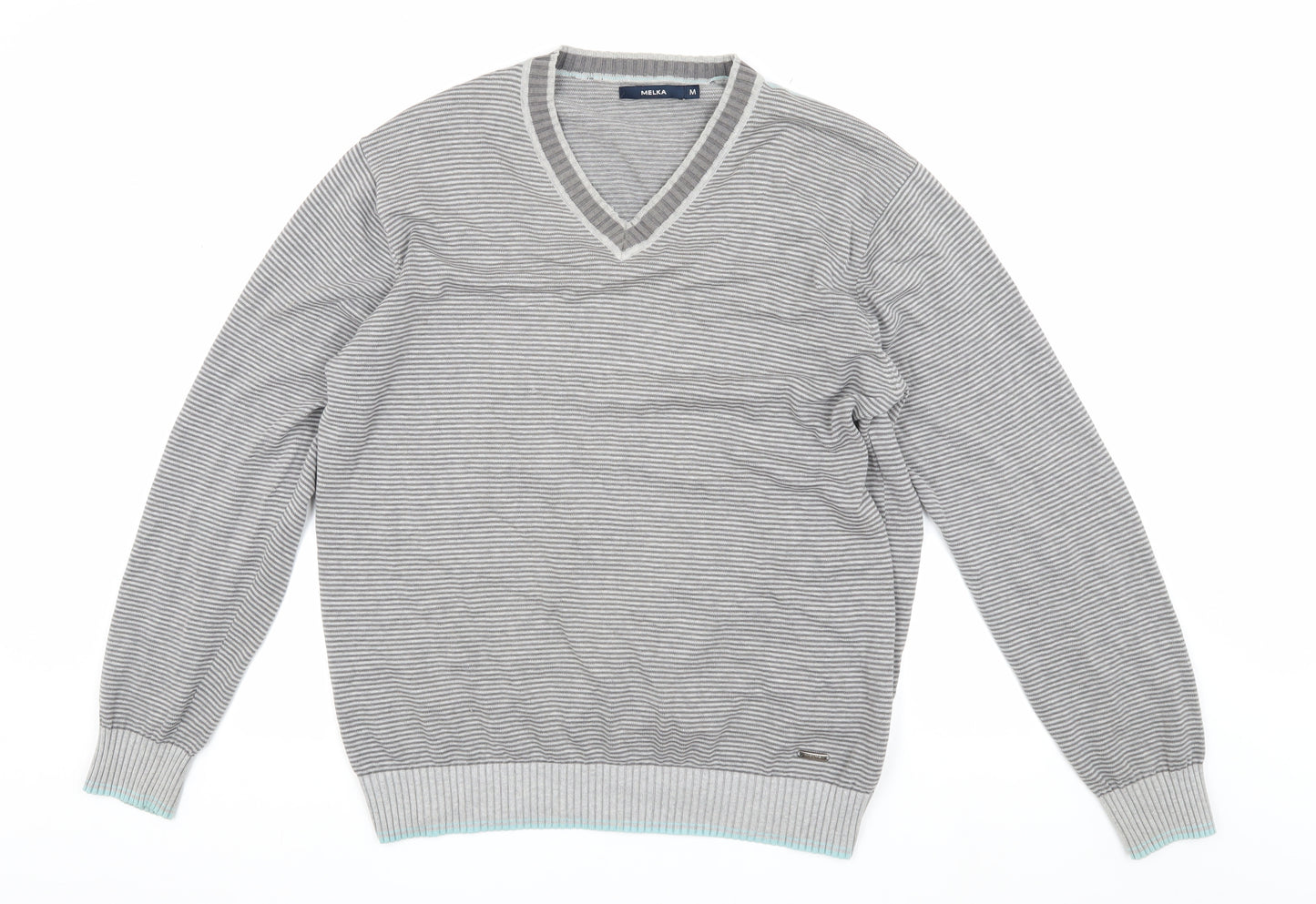 Melka Men's Grey V-Neck Stripe Pullover Jumper M
