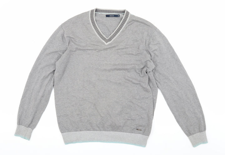 Melka Men's Grey V-Neck Stripe Pullover Jumper M