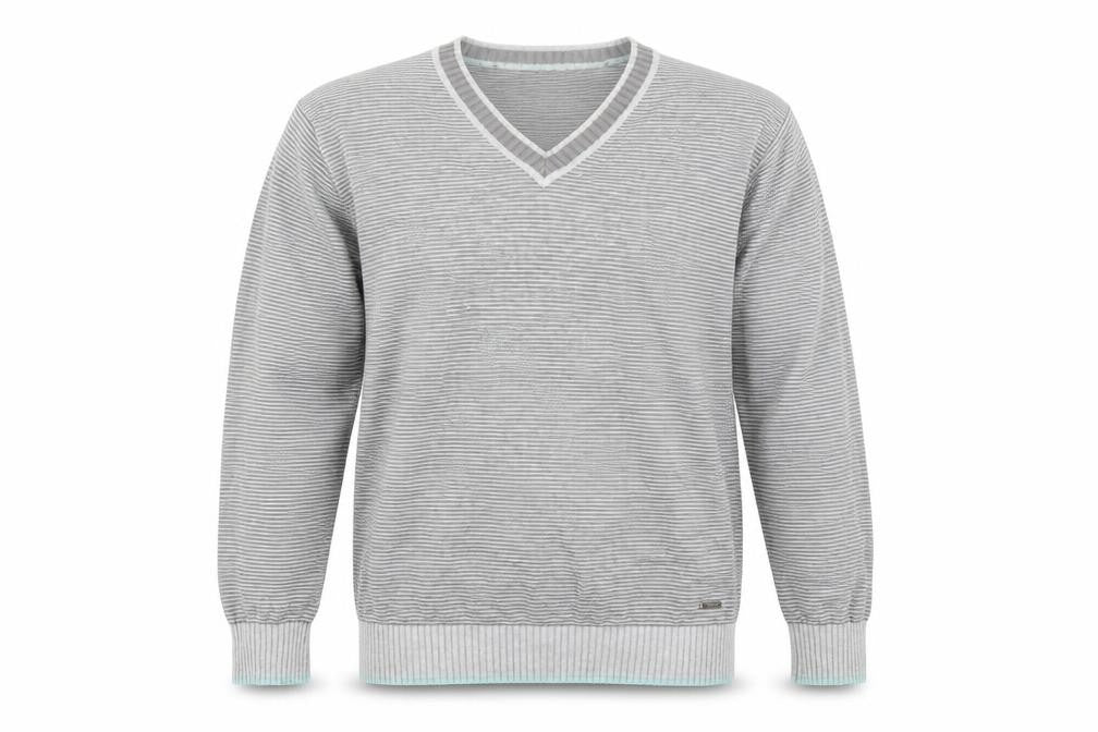 Front view of Melka Men's Grey V-Neck Stripe jumper M