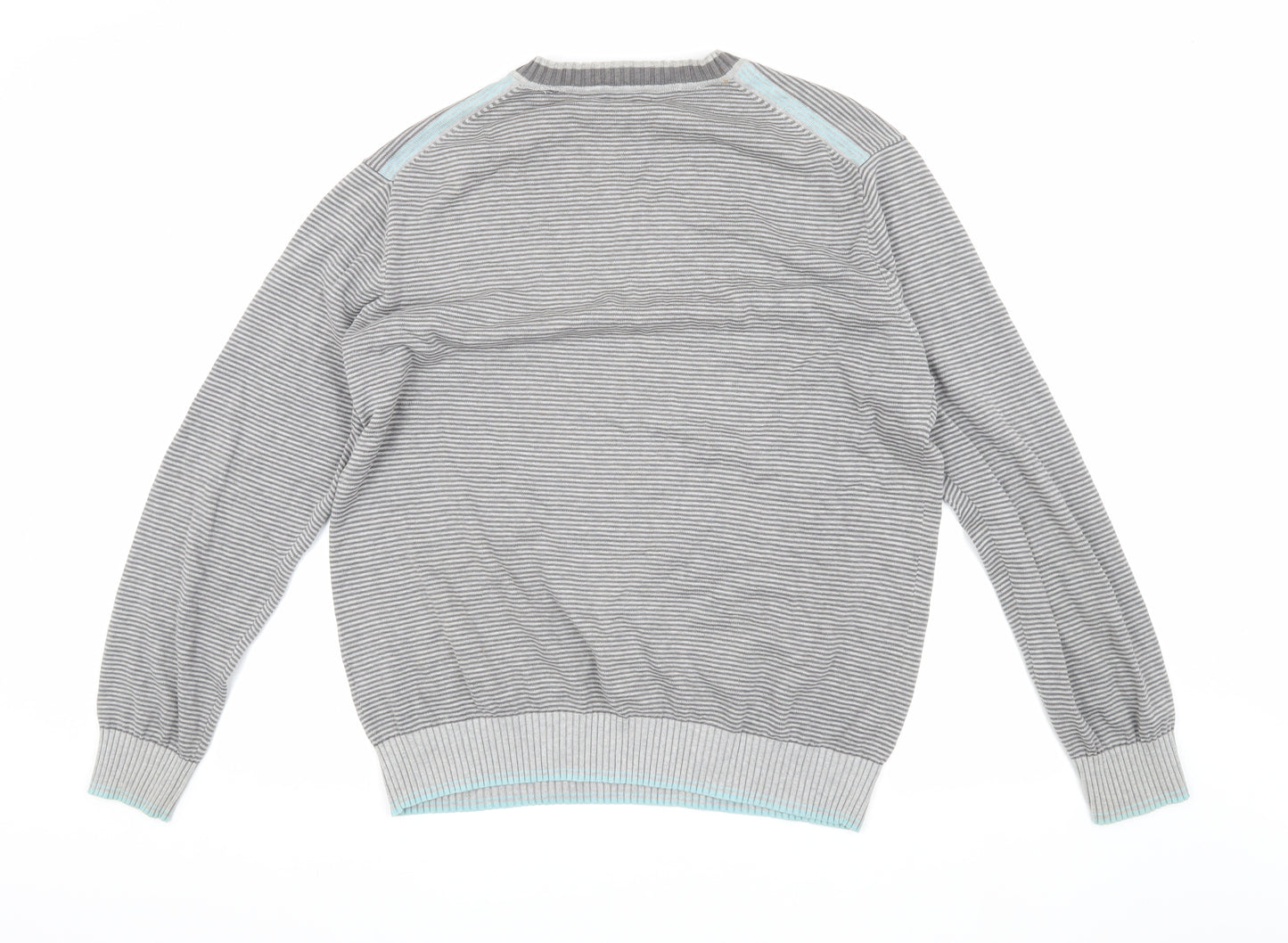 Melka Men's Grey V-Neck Stripe Pullover Jumper M