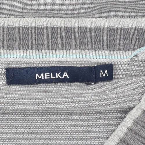 Melka Men's Grey V-Neck Stripe Pullover Jumper M