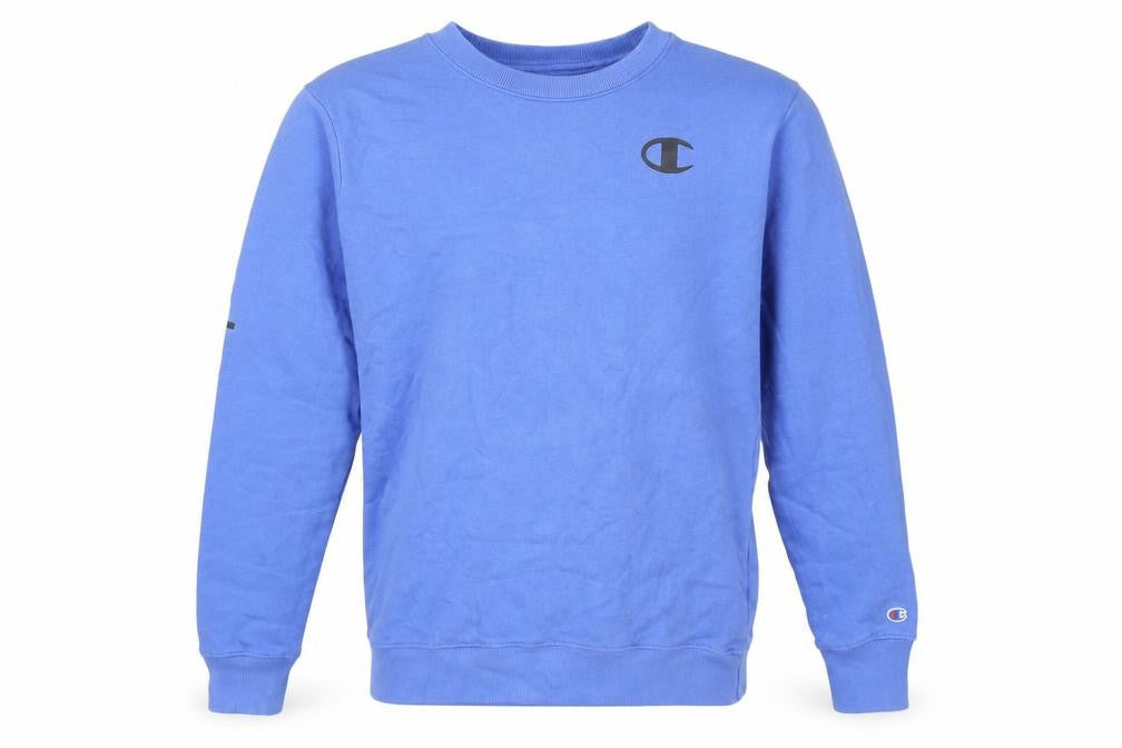 Front view of Champion boys’ blue pullover sweatshirt, size L, logo accents