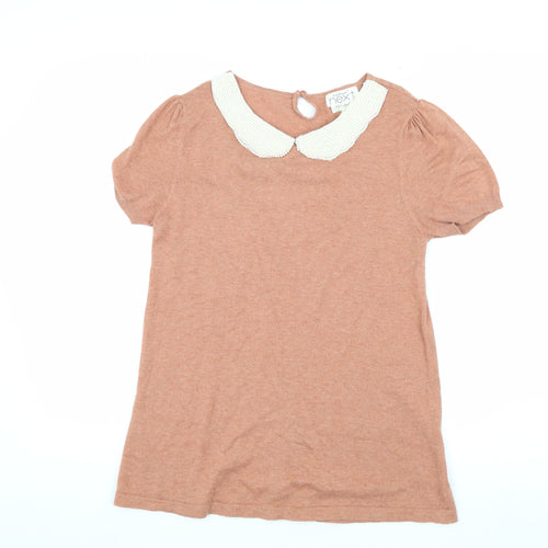 Next Women Brown Collared Short Sleeve Beaded Top Size 10