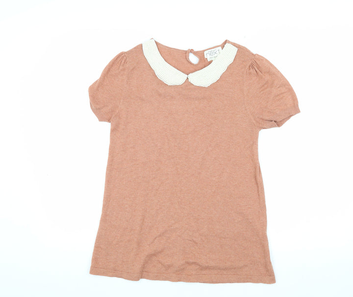 Next Women Brown Collared Short Sleeve Beaded Top Size 10