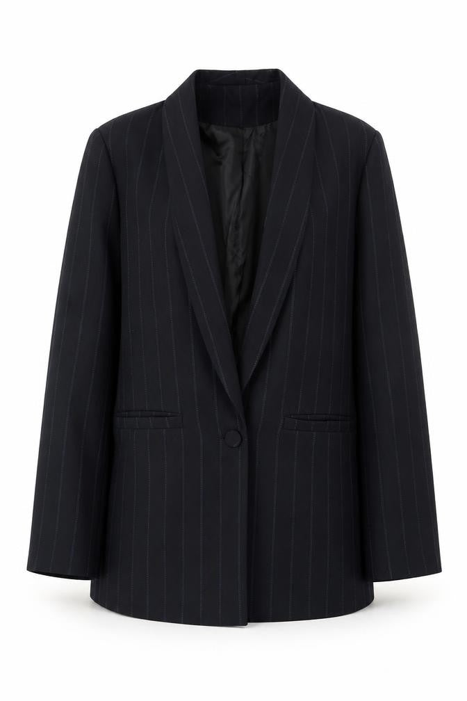 Front view of Daphnea Women's Black Pinstripe Blazer S - Classic Business Jacket