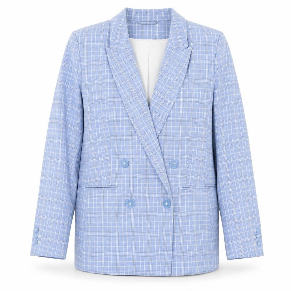 Front view of H&M Women's Blue Check Blazer, size 12