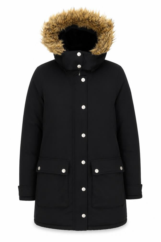Front view of Warehouse Women's Black Parka Coat, size 8