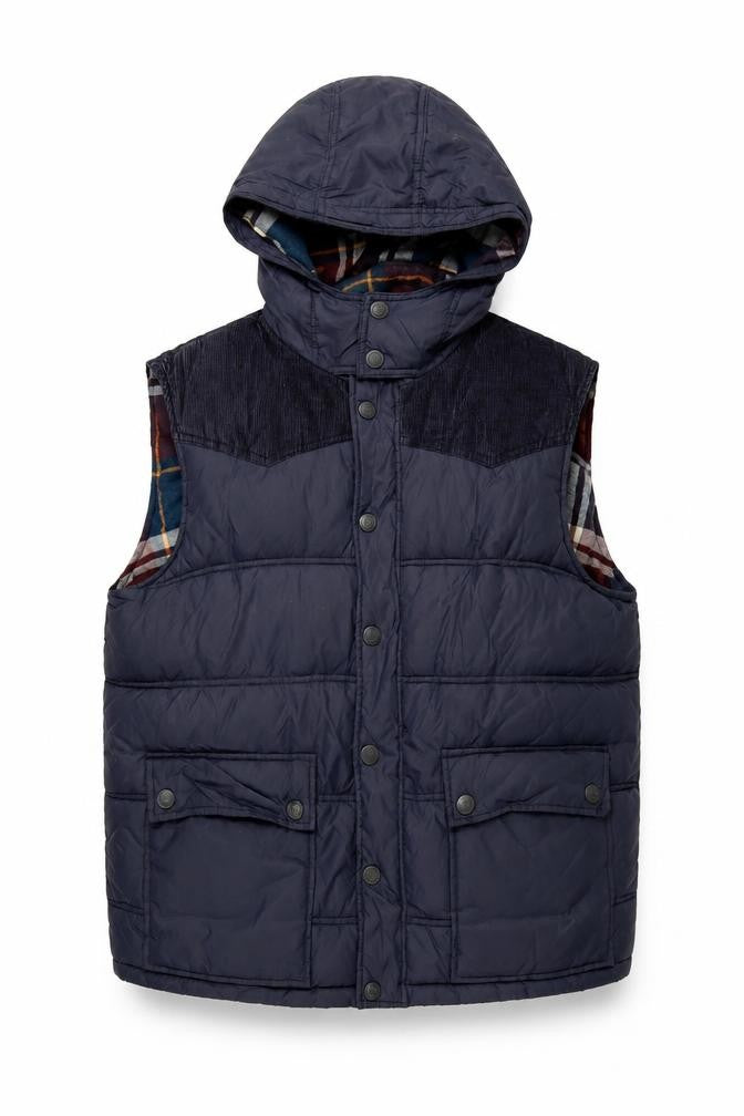 Front view of Easy Men's Blue Puffer Waistcoat, Hooded, size L