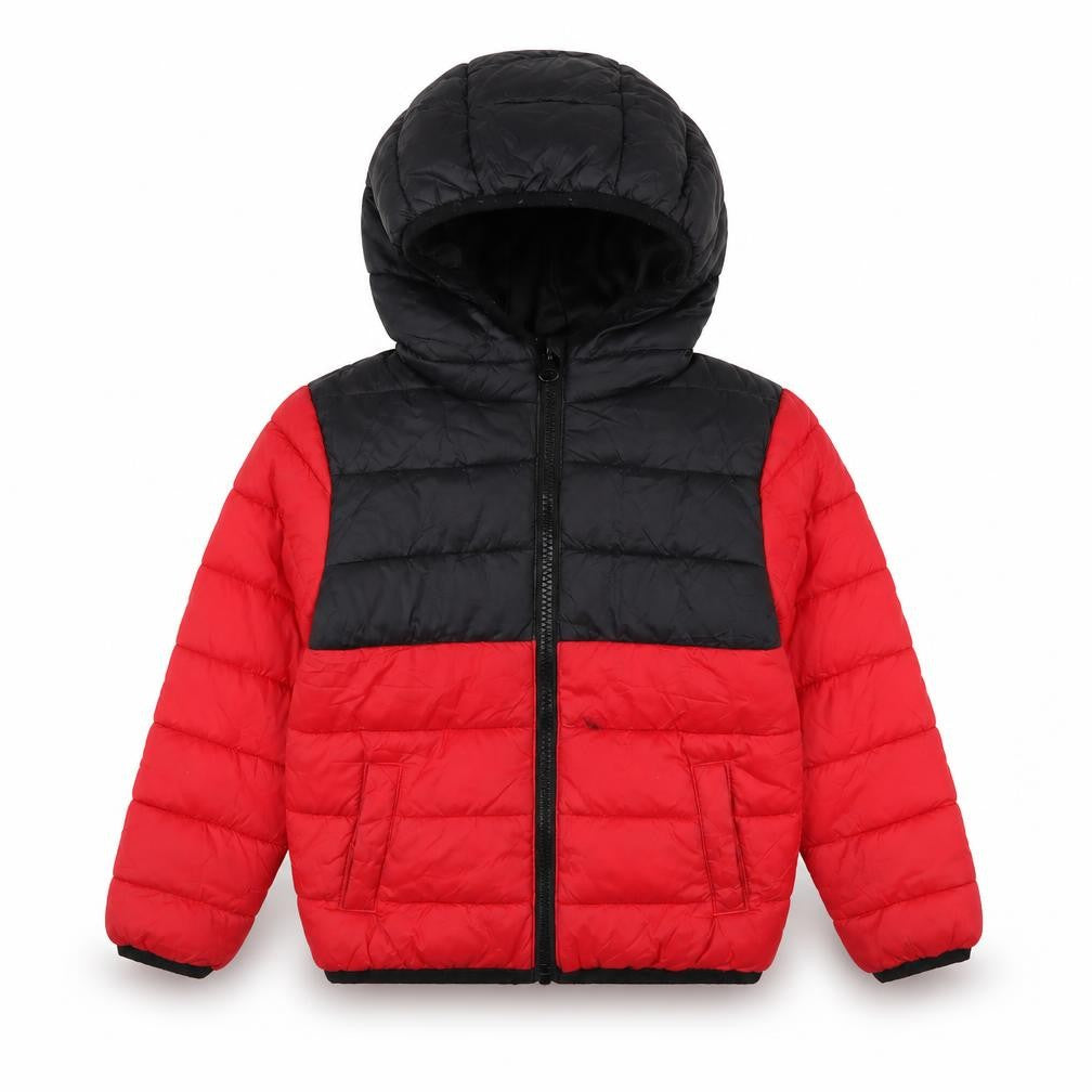Front view of Lupilu boys’ red black puffer jacket, 4 years, waterproof, hooded