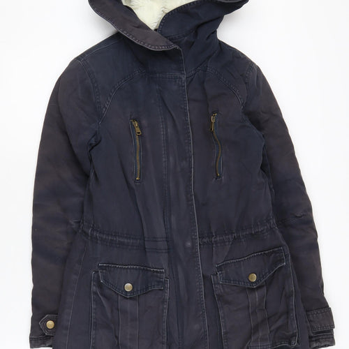 New Look Women's Black Parka Coat Size 8 Hooded Lined