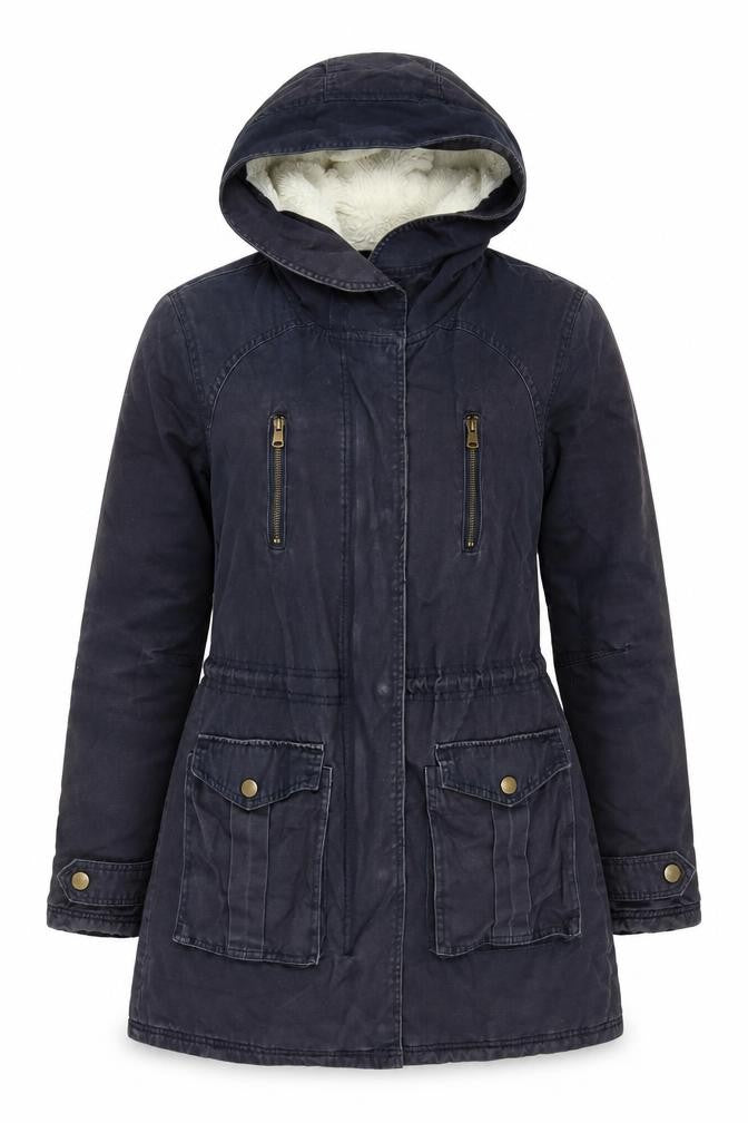 Front view of New Look Women's Black Parka Coat, size 8, Hooded Lined