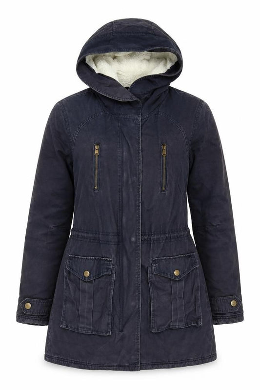 Front view of New Look Women's Black Parka Coat, size 8, Hooded Lined