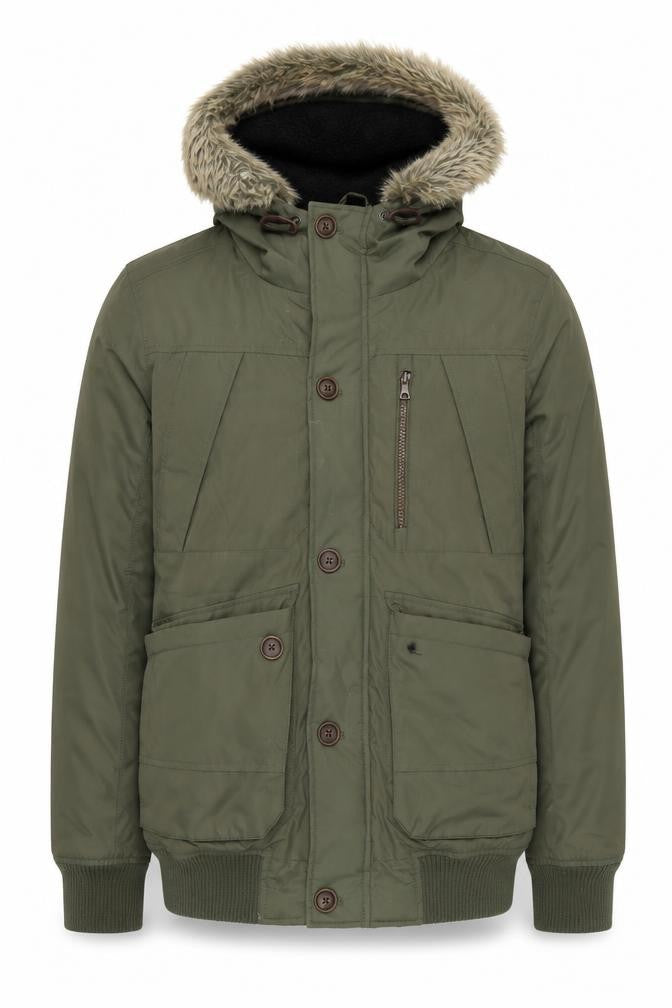 Front view of Industrialize Men's Green Hooded Parka Jacket S