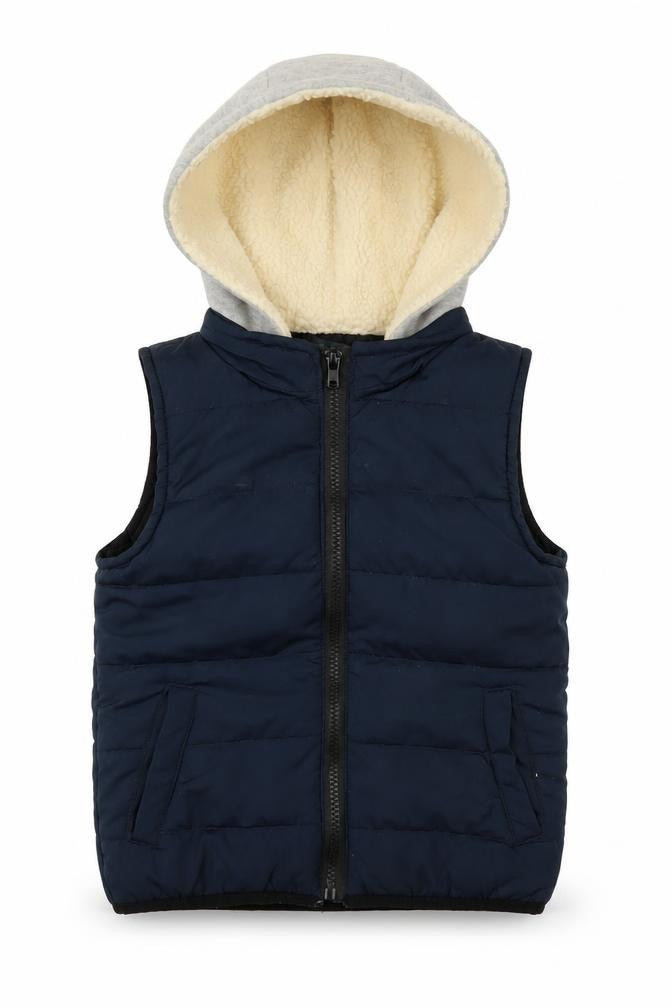 Front view of Tahari boys’ navy hooded bodywarmer 4-5 years