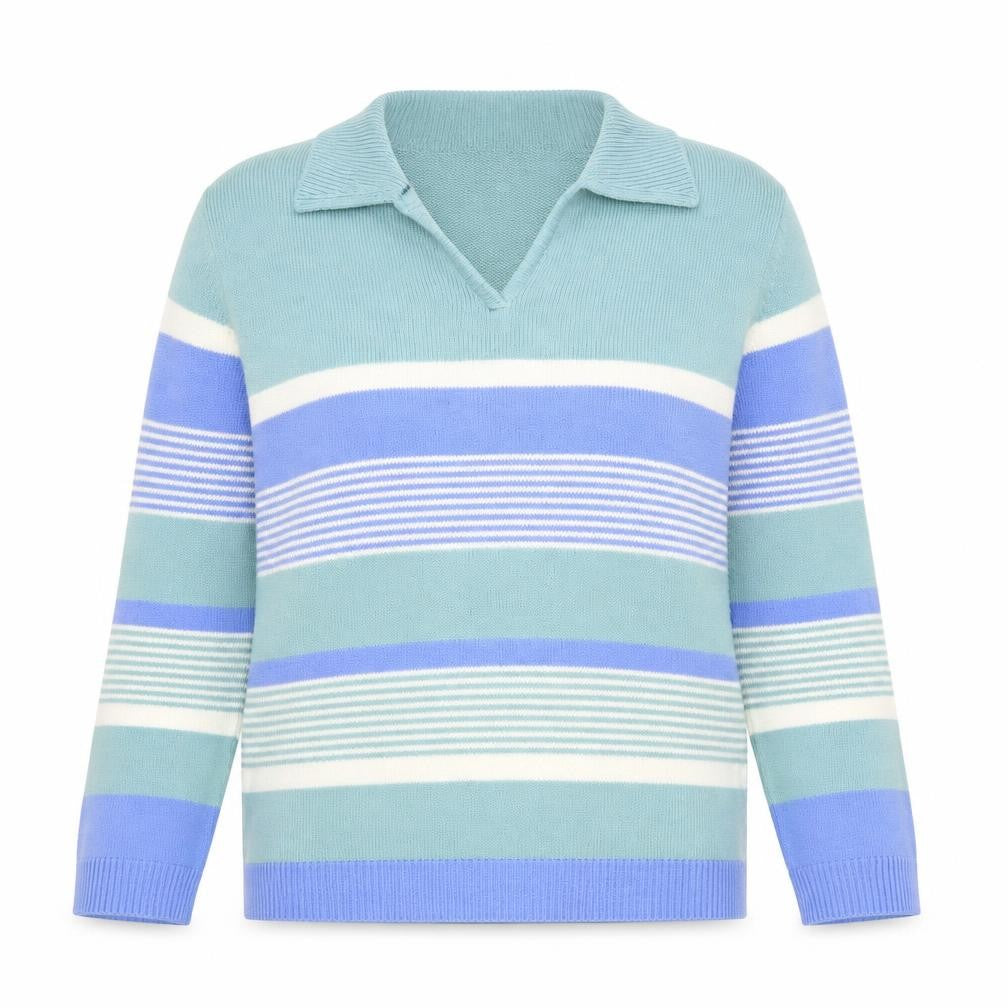 Front view of EWM Women's Blue Multicoloured Striped Jumper M