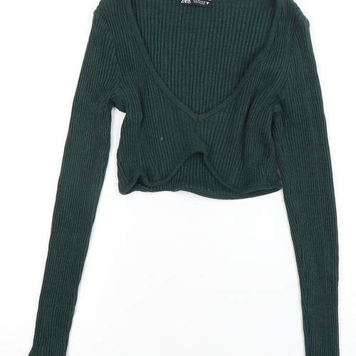 Zara Women's Green Cropped V-Neck Knit Top