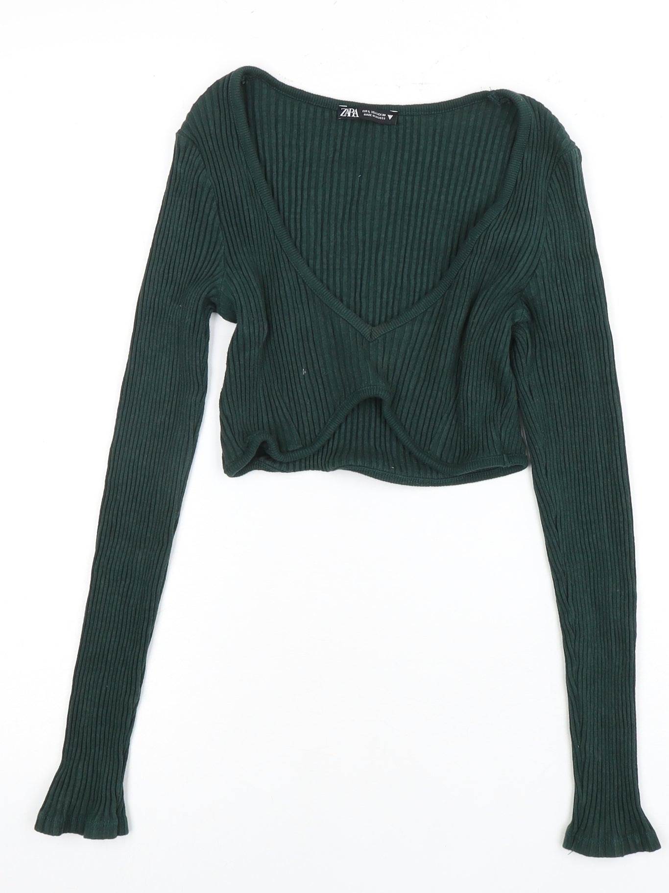 Zara Women's Green Cropped V-Neck Knit Top