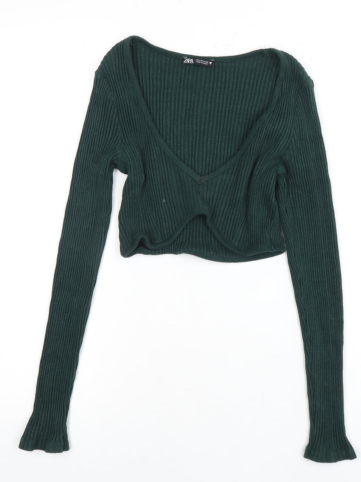 Zara Women's Green Cropped V-Neck Knit Top