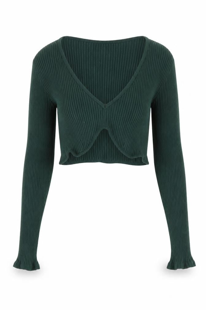 Front view of Zara Women's Green Cropped V-Neck Knit Top